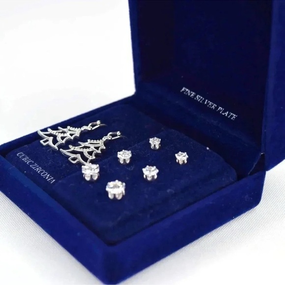 Anthropologie Fine Silver Plated Cubic Zirconia Tree Four Piece Earring Set - Picture 5 of 6